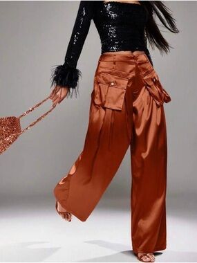 Nyakio Satin Cargo Wide-Leg Pants in Rust Brown